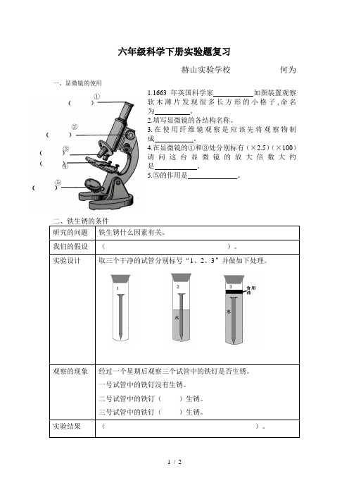 最新六年级科学下册实验题复习