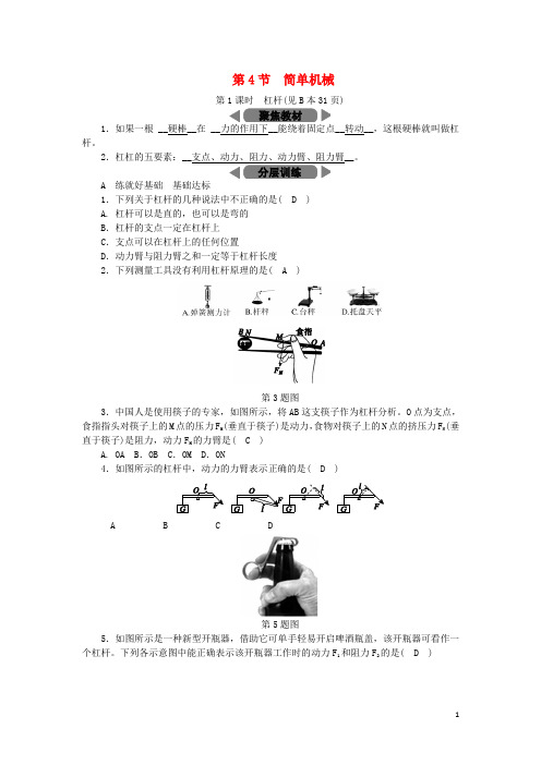 九年级科学上册 第3章 能量的转化与守恒 第4节 简单机械 第1课时 杠杆练习 (新版)浙教版