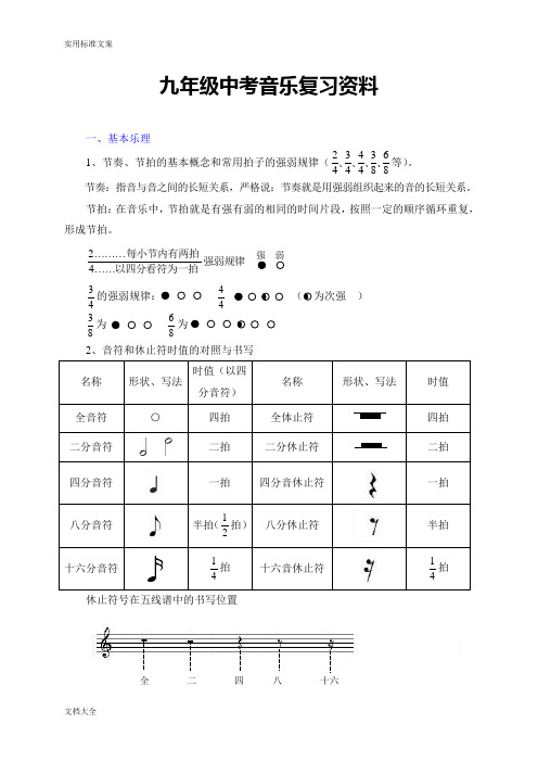 九年级中学考试音乐复习资料