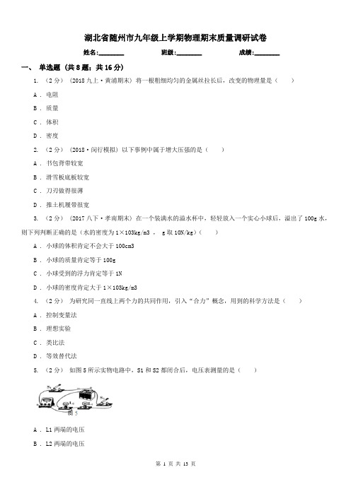 湖北省随州市九年级上学期物理期末质量调研试卷