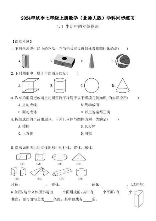 +1.1《生活中的立体图形》练习++2024—2025学年北师大版数学七年级上册