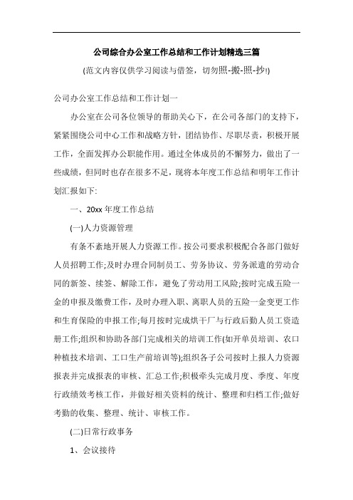 公司综合办公室工作总结和工作计划精选三篇(可编辑范文)