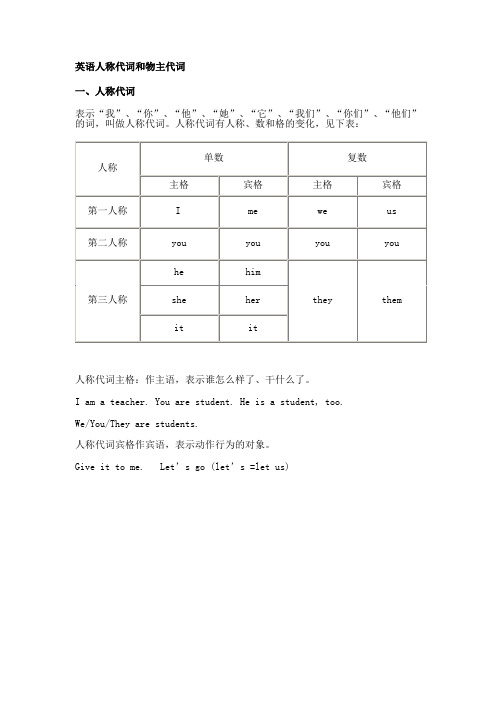 人称代词和物主代词的表格