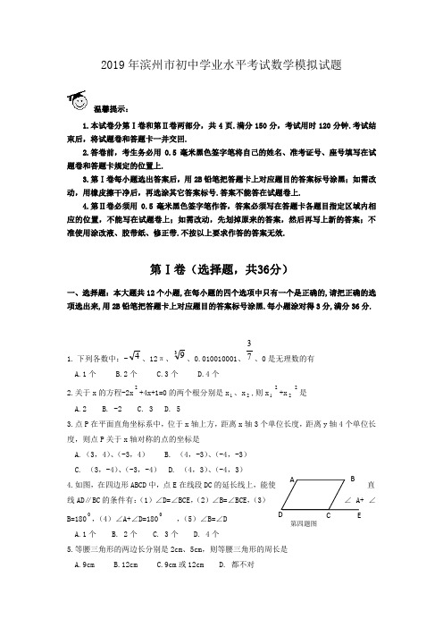 2019山东省滨州市初中学业水平考试数学模拟试题及答案(WORD版)