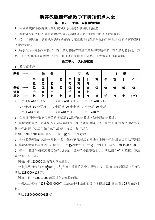 新苏教版四年级数学下册知识点大全