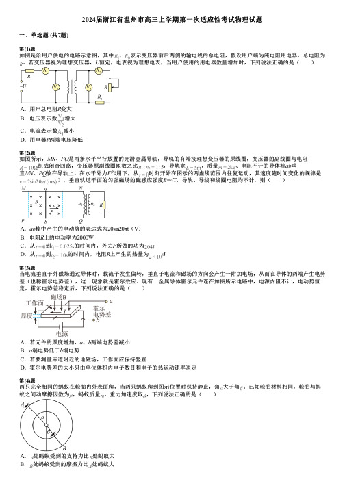 2024届浙江省温州市高三上学期第一次适应性考试物理试题 (2)