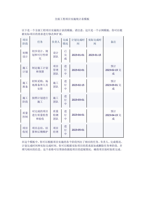 全面工程项目实施统计表