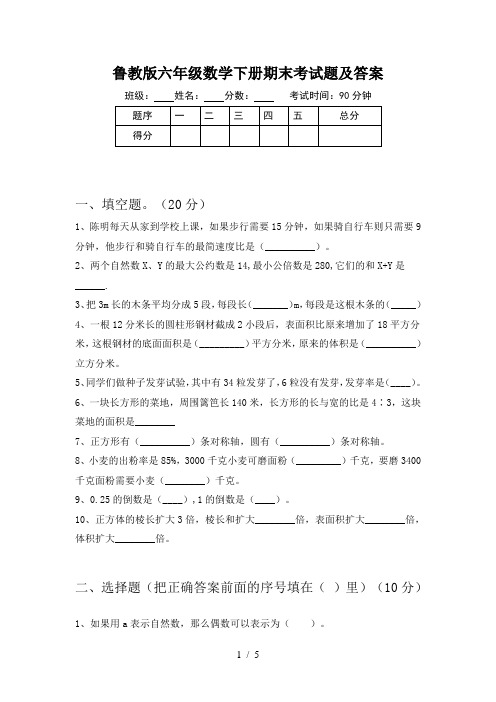 鲁教版六年级数学下册期末考试题及答案