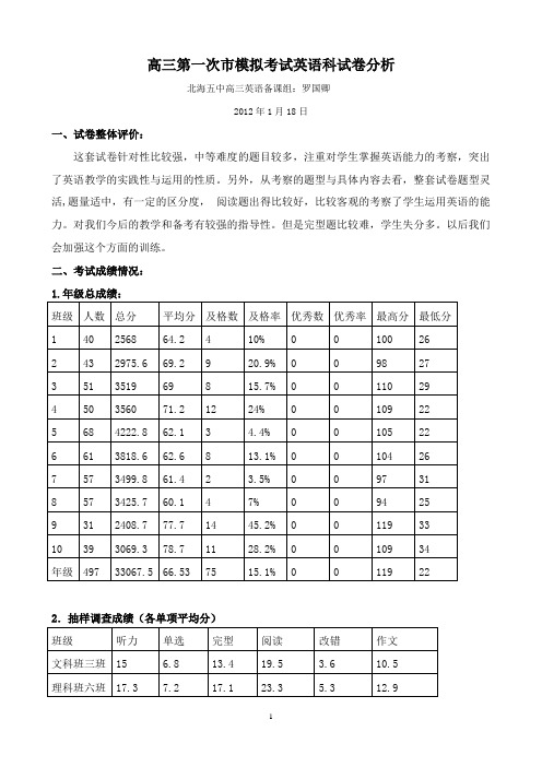 高三第一次市模拟考试英语科试卷分析