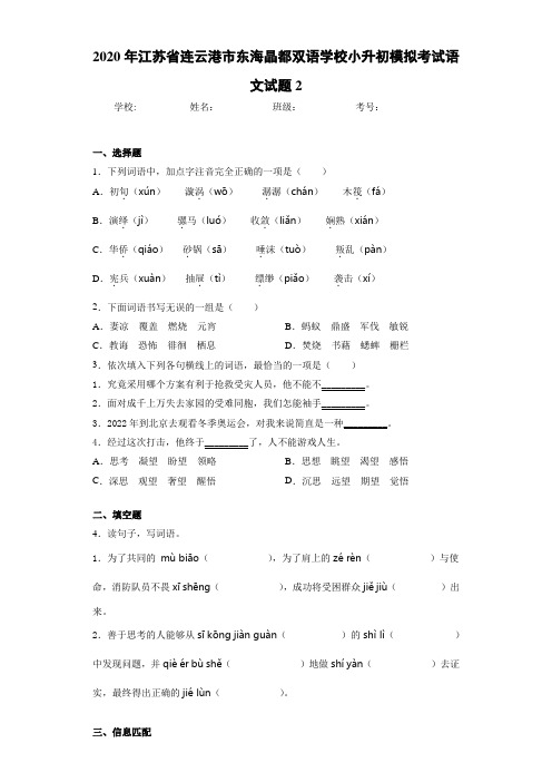 2020年江苏省连云港市东海晶都双语学校小升初模拟考试语文试题2(答案解析)