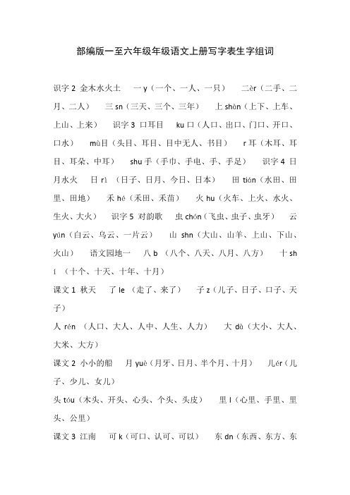 部编版一至六年级年级语文上册写字表生字组词