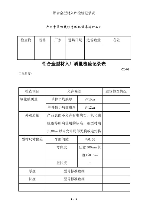 铝合金型材入库检验记录表