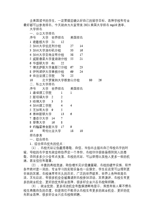 2021美国大学排名top10清单