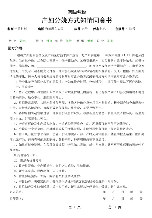 产妇分娩方式知情同意书