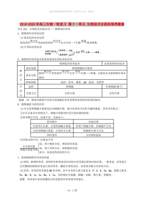 2019-2020年高三生物一轮复习 第十一单元 生物技术在组织培养教案