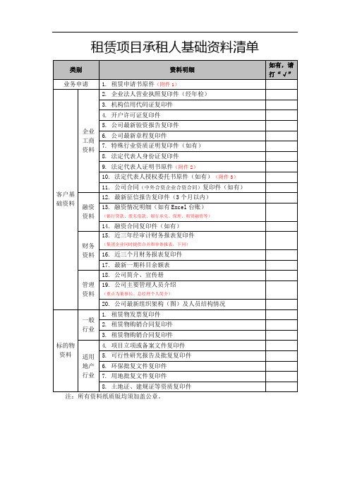 融资租赁业务承租人基础资料清单