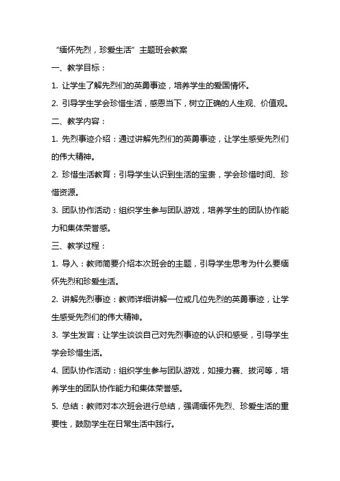 “缅怀先烈,珍爱生活”主题班会教案