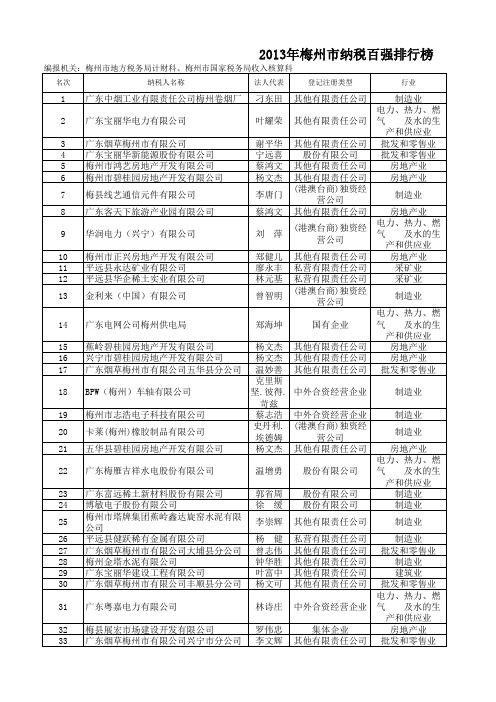 2013年梅州市纳税百强排行榜(定稿)