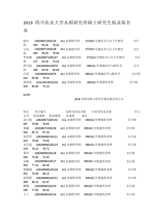 2019四川农业大学水稻研究所硕士研究生拟录取名单