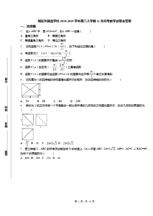 城区外国语学校2018-2019学年高三上学期11月月考数学试卷含答案