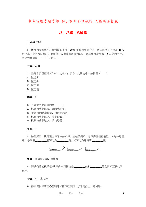 中考物理专题专练 功、功率和机械能 人教新课标版