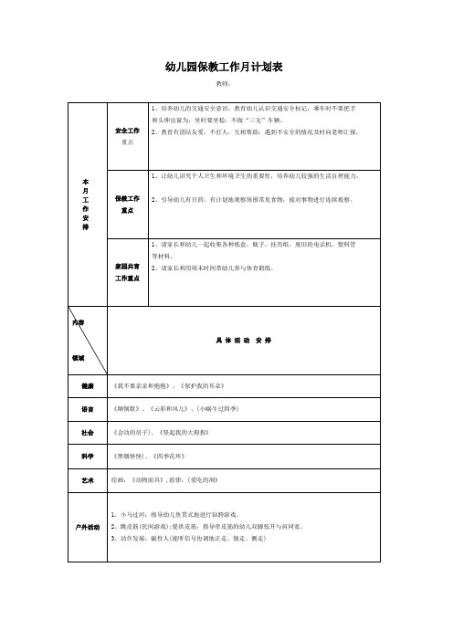 幼儿园保教工作月计划表