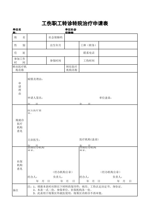 工伤职工转诊转院治疗申请表