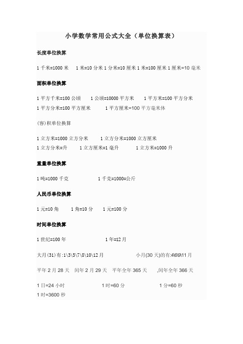 小学数学常用公式大全(单位换算表)
