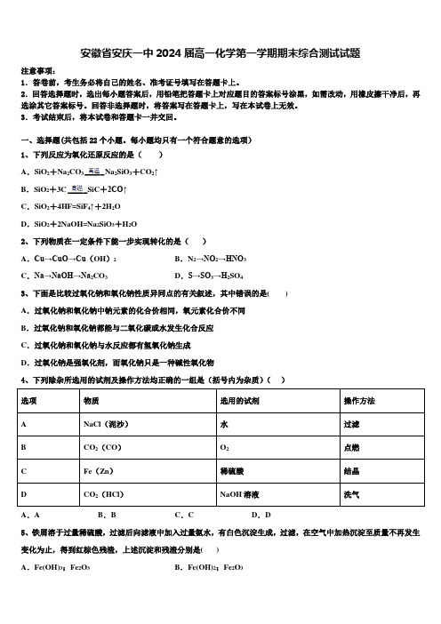 安徽省安庆一中2024届高一化学第一学期期末综合测试试题含解析