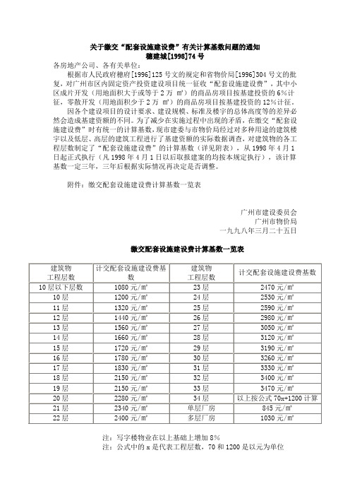 穗建城[1998]74号--关于配套设施建设费有关计算基数问题