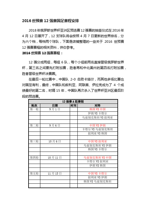 2016世预赛12强赛国足赛程安排