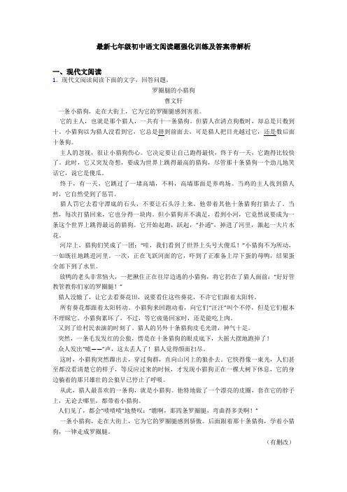 最新七年级初中语文阅读题强化训练及答案带解析