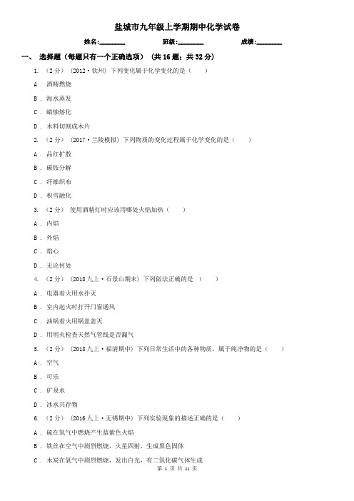 盐城市九年级上学期期中化学试卷