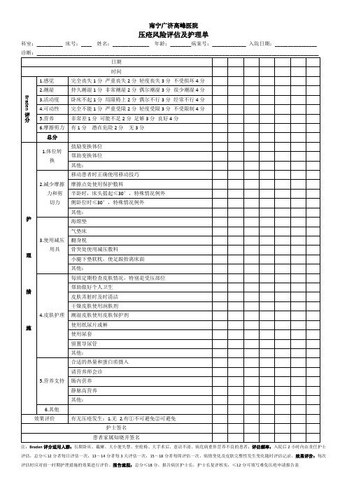 压疮风险评估及护理单