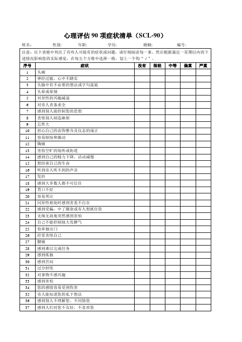 心理评估90项症状清单