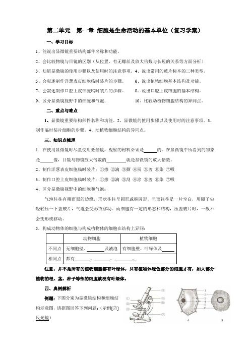 人教版七年级生物上册第二单元 第一章细胞是生命活动的基本单位(复习学案)