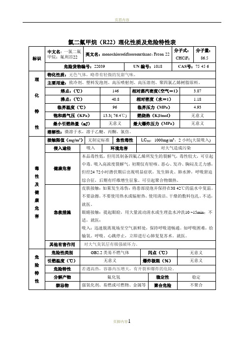 氯二氟甲烷(R22)理化性质及危险特性表