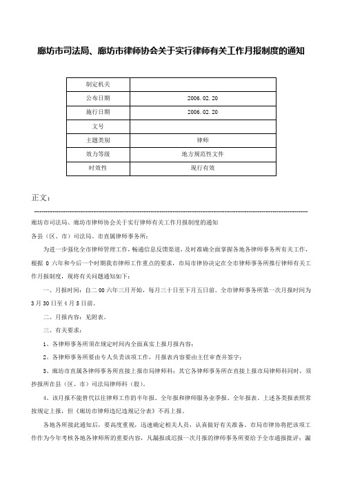 廊坊市司法局、廊坊市律师协会关于实行律师有关工作月报制度的通知-