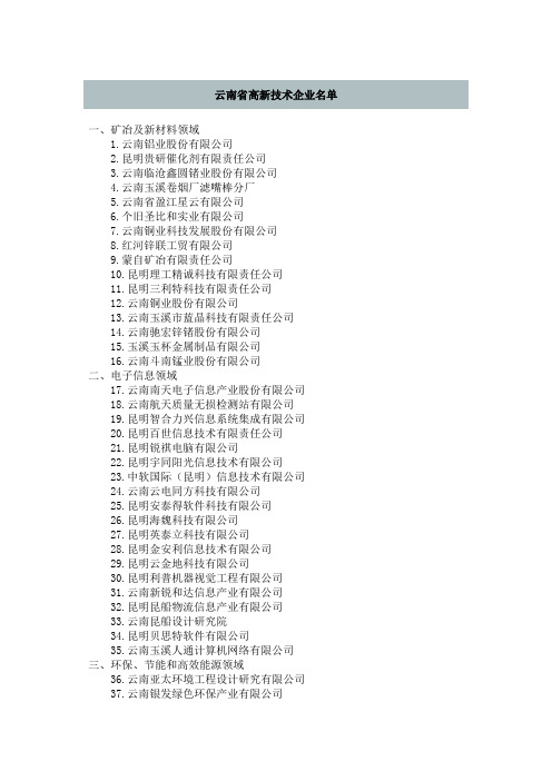 云南省高新技术企业名单