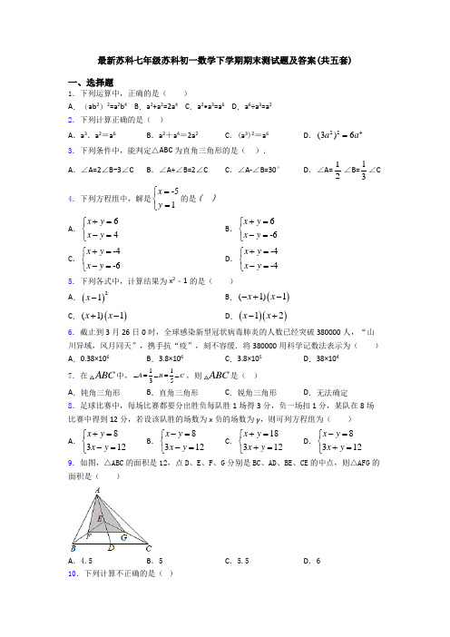 最新苏科七年级苏科初一数学下学期期末测试题及答案(共五套)