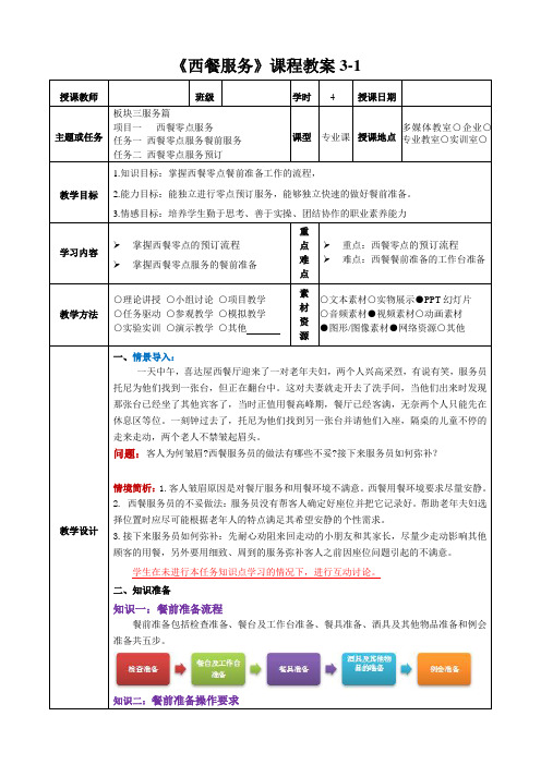 3-1西餐零点服务餐前服务 教案(表格式)《西餐服务》同步教学(人民大学版)