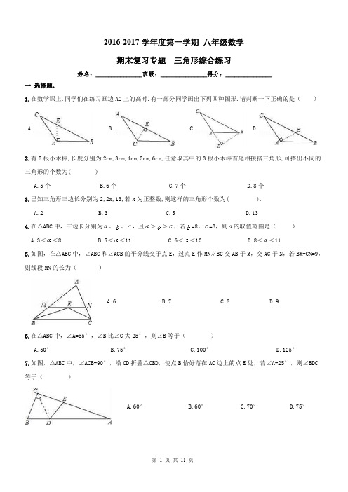 【名师点睛】天津市南开区2016-2017年八年级数学上册期末复习专题--三角形及答案(PDF版)