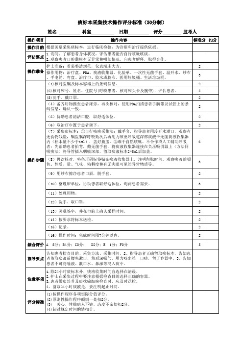 痰标本采集技术操作评分标准(50分制)