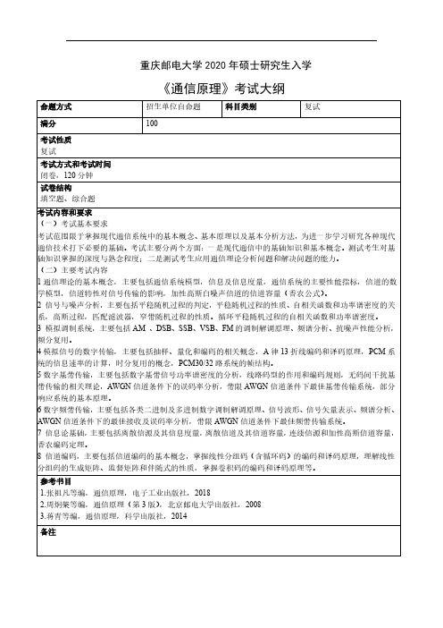 重庆邮电大学《通信原理》2020年考研专业课复试大纲