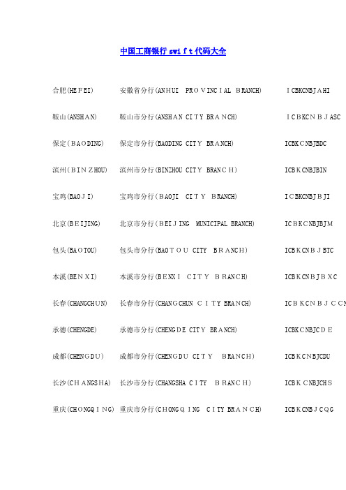 中国工商银行swift代码大全