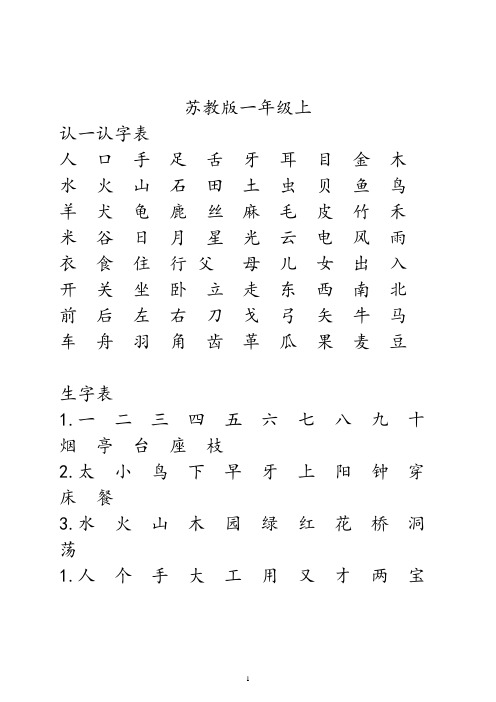 苏教版小学语文教材一至三年级生字表