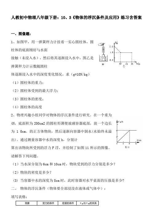 人教初中物理八年级下册：10、3《物体的浮沉条件及应用》练习含答案