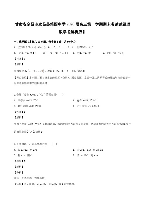 甘肃省金昌市永昌县第四中学2020届高三第一学期期末考试试题理数学【解析版】