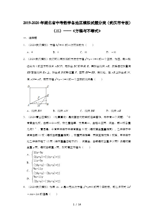 2019-2020年湖北省中考数学各地区模拟试题分类(武汉市专版)(二)——《方程与不等式》含解析