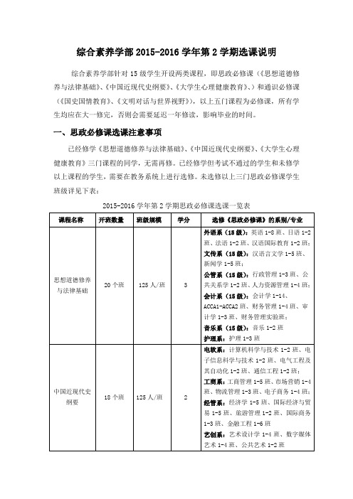 综合素养学部2015-2016学年第2学期选课说明